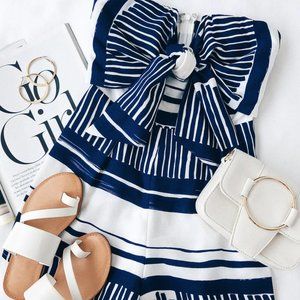 Blue & White Striped Tie-Front Strapless Romper